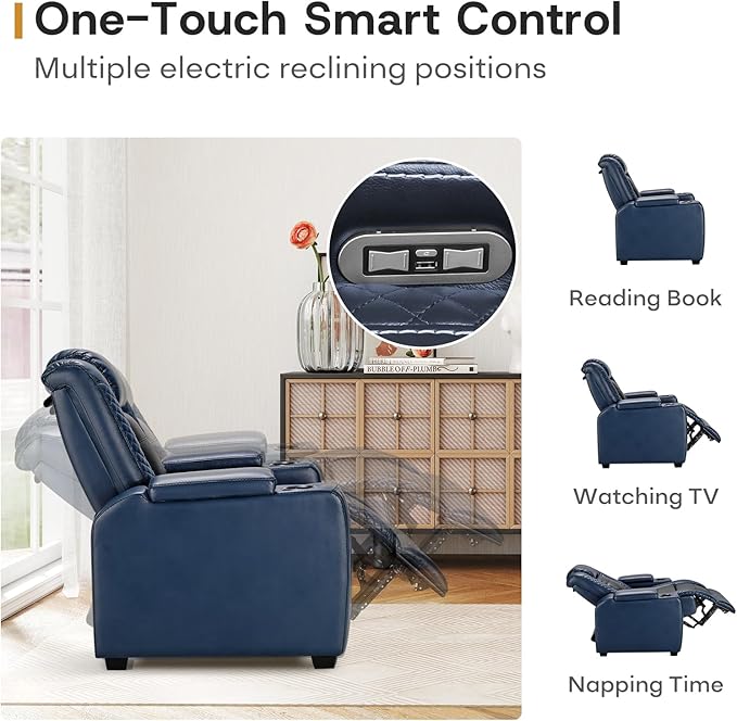 ANJ Power Home Theater Seating Set of 3, Blue Faux Leather Electric Recliner Chair with Powered Headrest, Dual Motors Movie Reclining Chairs with LED Lights,USB Port,Cup Holders, Hidden Arm Storage