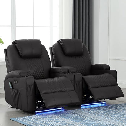 Power Recliner Chair with Heat and Massage, PU Leather Home Theater Seating with LED Lights/Cup Holders/Side Pocket/USB Port, Reclining Sofa Chair for Living Room (1, Black)