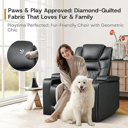 ANJ Power Home Theater Recliner Chair Set of 2, Electric Movie Theater Seating Reclining Chairs with Cup Holders for Living Room, Faux Leather with Blue LED, USB Ports, Hidden Arm Storage (Black)