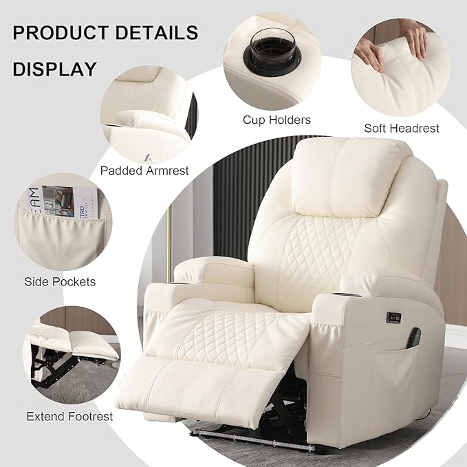 Power Recliner Chair with Heat and Massage, PU Leather Home Theater Seating with LED Lights/Cup Holders/Side Pocket/USB Port, Reclining Sofa Chair for Living Room(2, Beige)