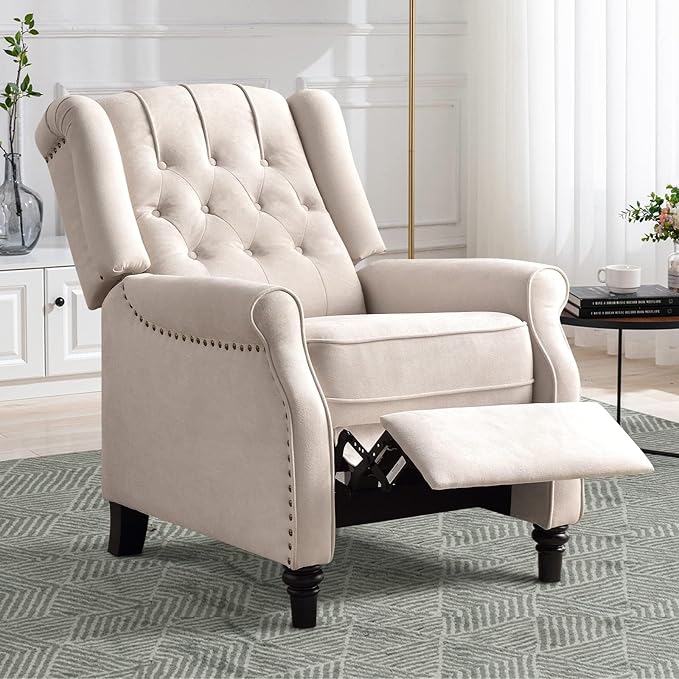 CANMOV Push Back Recliner Chair Set of 2, Elizabeth Fabric Recliner with Tufted Back Home Theater Seating w/Padded Seat and Nailhead Trim, Wooden Legs, Adjustable Single Sofa，White