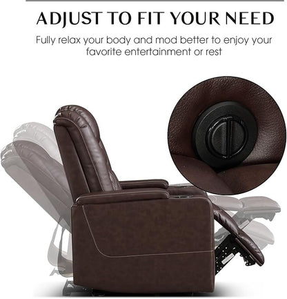 CANMOV Electric Power Recliner Chair Set of 3, Breathable Leather Home Theater Seating with Hidden Arm Storage, Power Recliner Chair with USB Ports and Cup Holders for Living Room,Red Brown