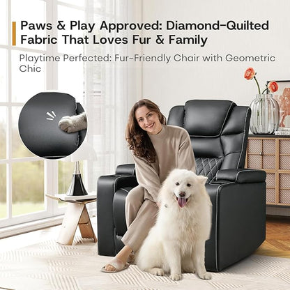 ANJ Power Recliner Chair with USB Port, Electric PU Leather Home Theater Seating for Living Room, Movie Reclining Chairs with Blue Ambient Lighting, Hidden Arm Storage, Cup Holders (Black)