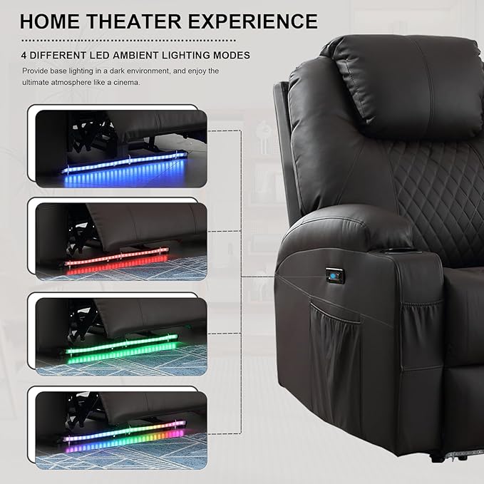 Power Recliner Chair with Heat and Massage, PU Leather Home Theater Seating with LED Lights/Cup Holders/Side Pocket/USB Port, Reclining Sofa Chair for Living Room(3, Brown)