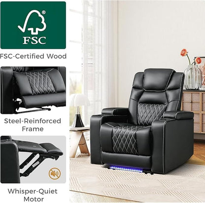 ANJ Power Home Theater Recliner Chair Set of 2, Electric Movie Theater Seating Reclining Chairs with Cup Holders for Living Room, Faux Leather with Blue LED, USB Ports, Hidden Arm Storage (Black)