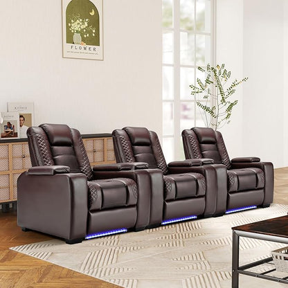 ANJ Power Home Theater Seating Set of 3, Brown Faux Leather Electric Recliner Chair with Powered Headrest, Dual Motors Movie Reclining Chairs with LED Lights,USB Port,Cup Holders, Hidden Arm Storage