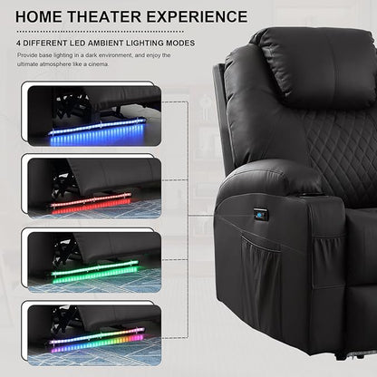 Power Recliner Chair with Heat and Massage, PU Leather Home Theater Seating with LED Lights/Cup Holders/Side Pocket/USB Port, Reclining Sofa Chair for Living Room (1, Black)
