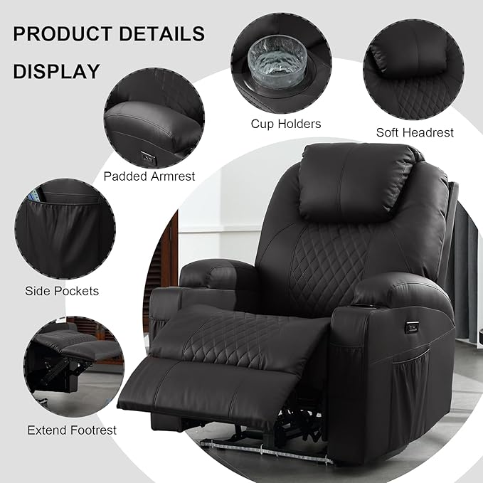 Power Recliner Chair with Heat and Massage, PU Leather Home Theater Seating with LED Lights/Cup Holders/Side Pocket/USB Port, Reclining Sofa Chair for Living Room (2, Black)