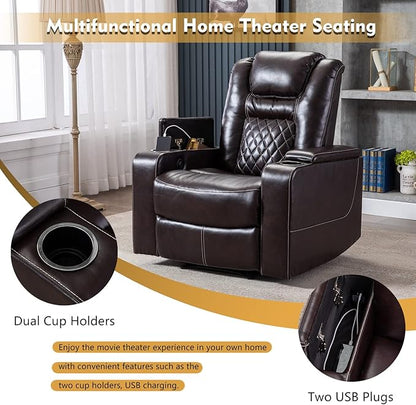 CANMOV Electric Power Recliner Chair with USB Ports and Cup Holders, Breathable Leather Home Theater Seating with Hidden Arm Storage (Brown)