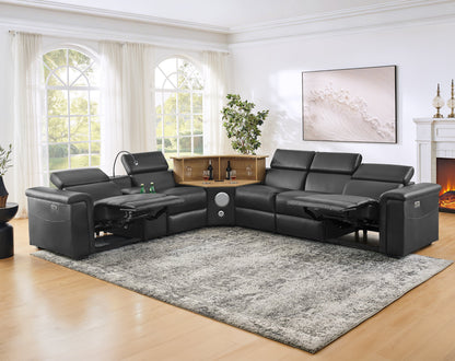 5-Seater Air Leather L-Shaped Powered Recliner Sofa Set with Motorized Lift Cabinet