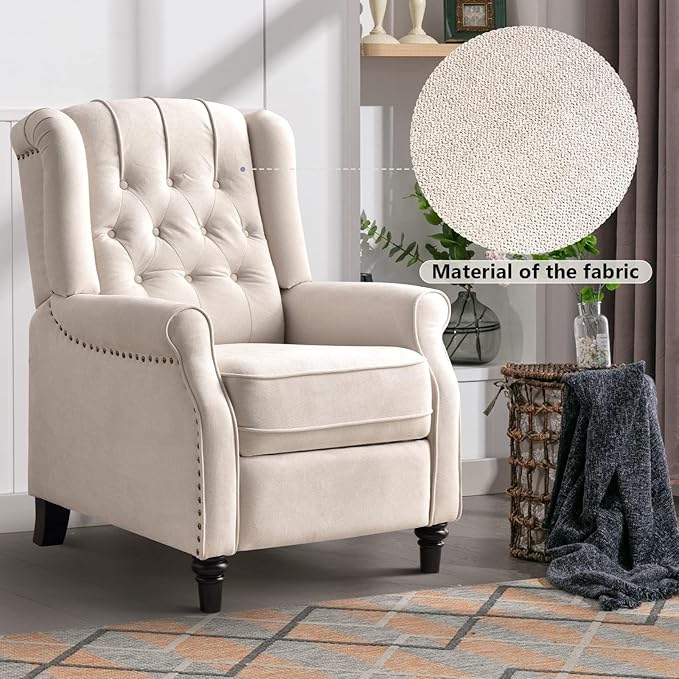 CANMOV Push Back Recliner Chair Set of 2, Elizabeth Fabric Recliner with Tufted Back Home Theater Seating w/Padded Seat and Nailhead Trim, Wooden Legs, Adjustable Single Sofa，White