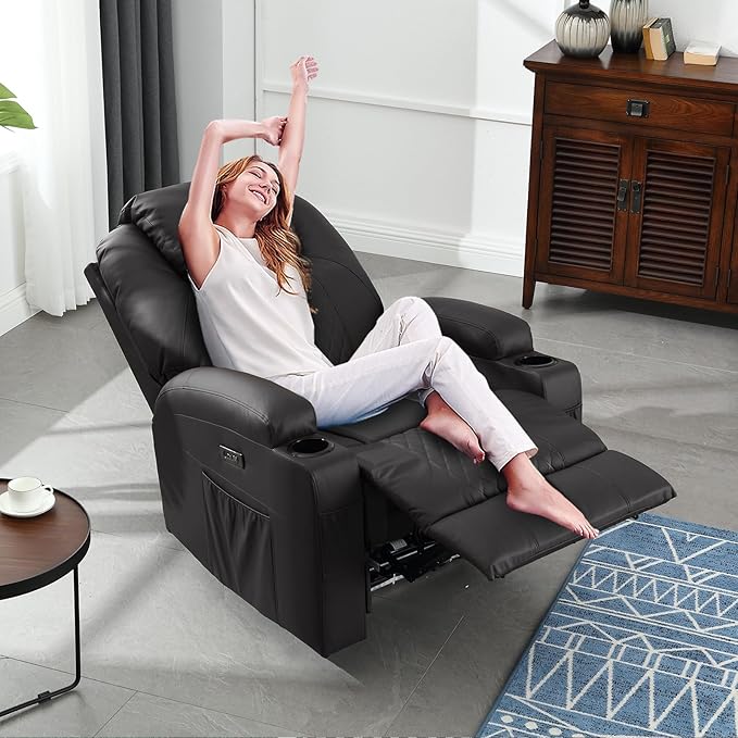 Power Recliner Chair with Heat and Massage, PU Leather Home Theater Seating with LED Lights/Cup Holders/Side Pocket/USB Port, Reclining Sofa Chair for Living Room (1, Black)