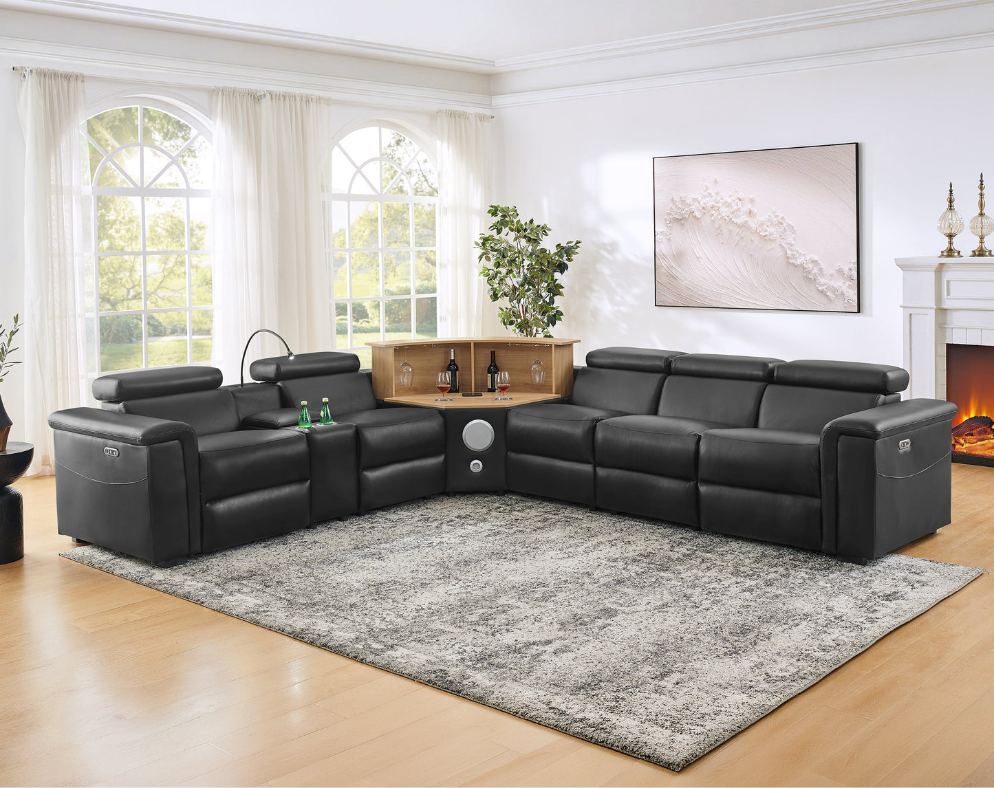 5-Seater Air Leather L-Shaped Powered Recliner Sofa Set with Motorized Lift Cabinet