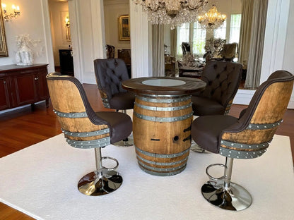 Whiskey & Wine Barrel Bar Set — Liquor Cabinet, Pub Table & Stools, Multi-Use Build