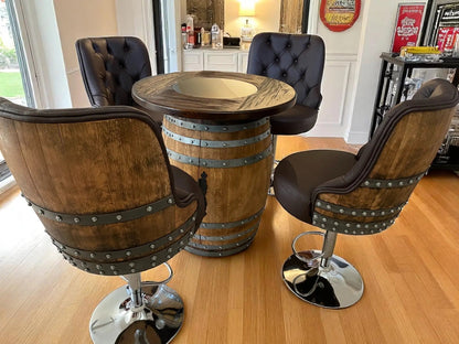 Whiskey & Wine Barrel Bar Set — Liquor Cabinet, Pub Table & Stools, Multi-Use Build