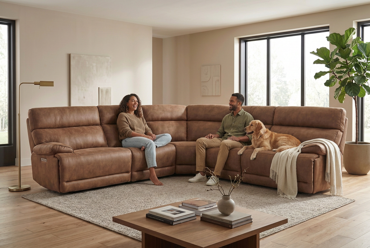 MaxView Media Mocha 6-Piece Power Reclining Sectional with Immersive Sound System