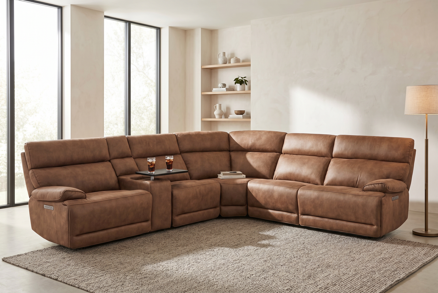 MaxView Media Mocha 6-Piece Power Reclining Sectional with Immersive Sound System