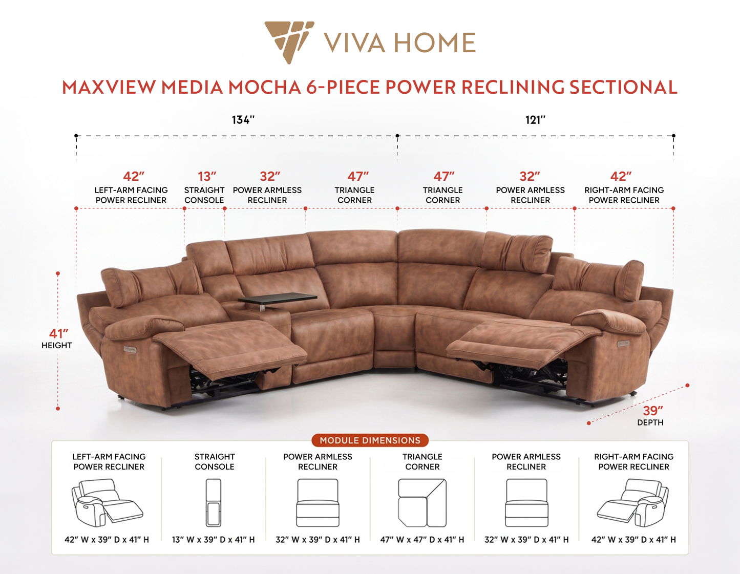 MaxView Media Mocha 6-Piece Power Reclining Sectional with Immersive Sound System