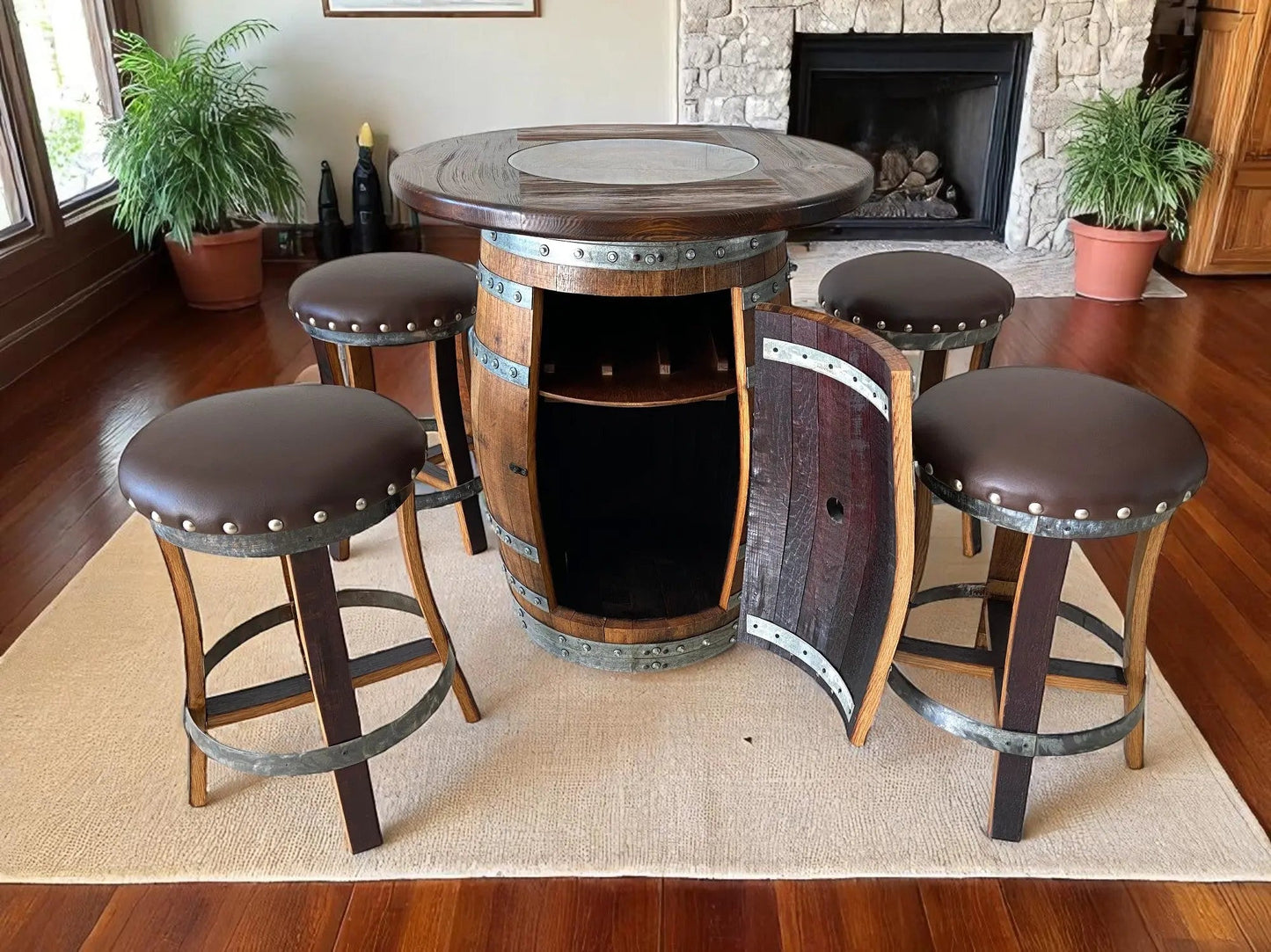 Multi-Use Whiskey & Wine Barrel Bar Set — Glass Top, Cabinet Storage