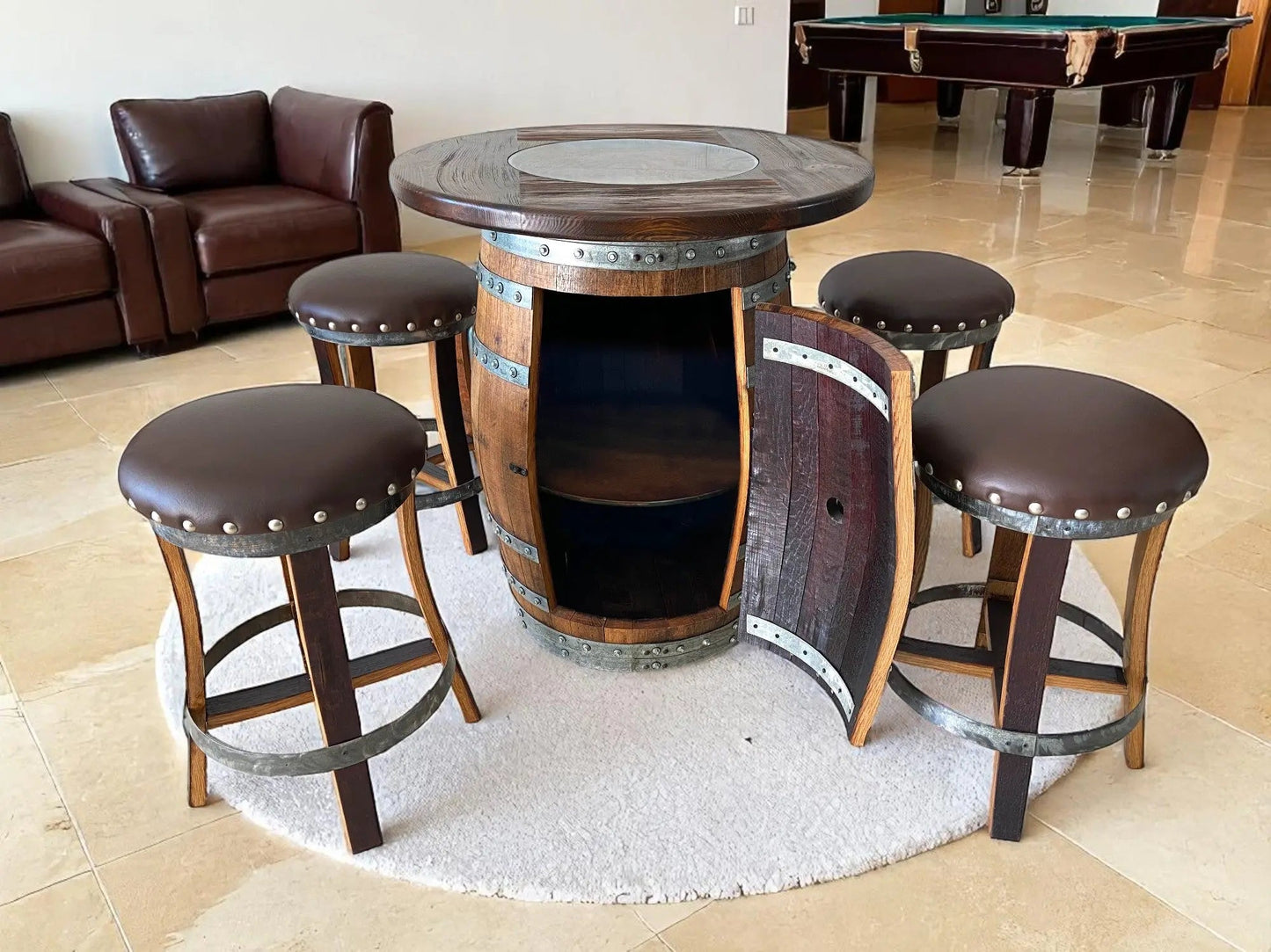 Multi-Use Whiskey & Wine Barrel Bar Set — Glass Top, Cabinet Storage
