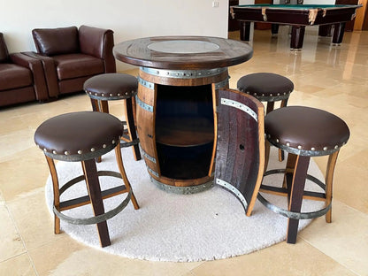 Multi-Use Whiskey & Wine Barrel Bar Set — Glass Top, Cabinet Storage