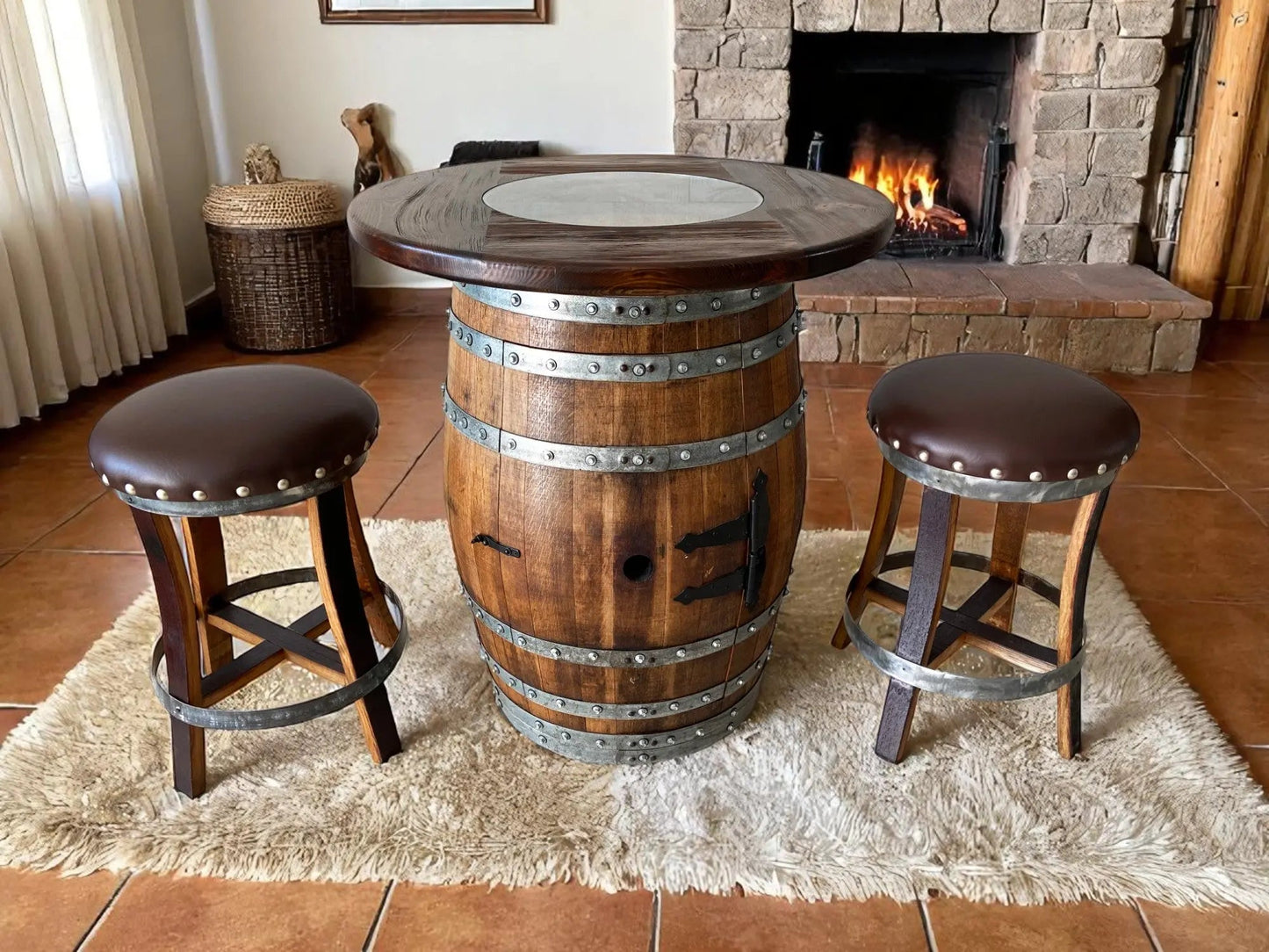 Multi-Use Whiskey & Wine Barrel Bar Set — Glass Top, Cabinet Storage