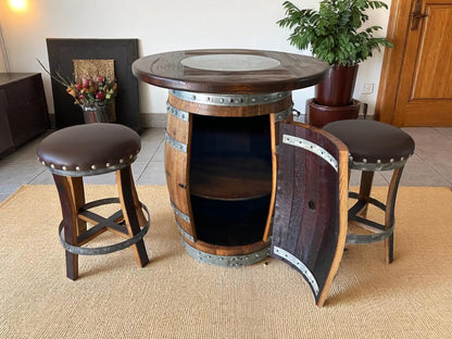 Multi-Use Whiskey & Wine Barrel Bar Set — Glass Top, Cabinet Storage