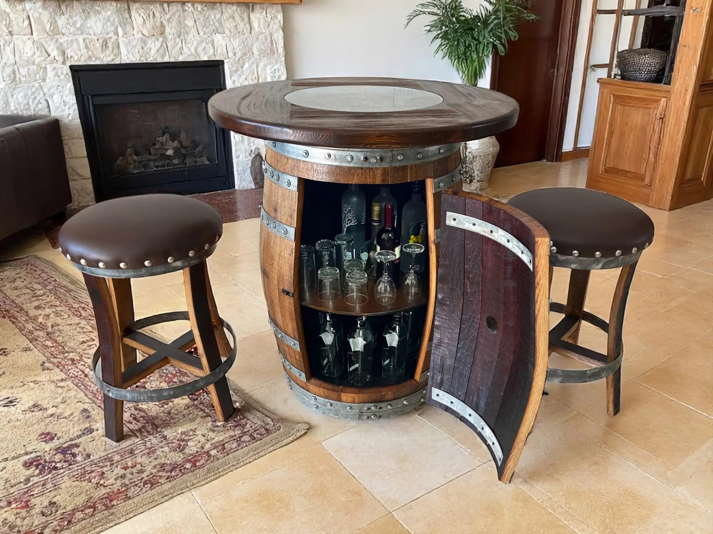 Multi-Use Whiskey & Wine Barrel Bar Set — Glass Top, Cabinet Storage