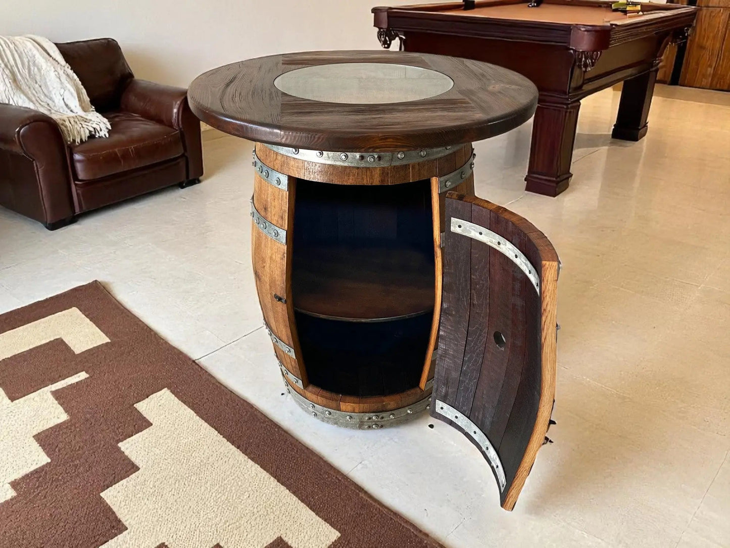 Multi-Use Whiskey & Wine Barrel Bar Set — Glass Top, Cabinet Storage