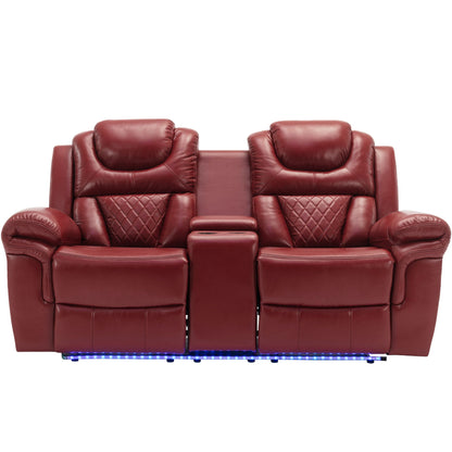 Home Theater Seating Manual Recliner Chair With Center Console And LED Light Strip For Living Room - Red