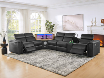 5-Seater Air Leather L-Shaped Powered Recliner Sofa Set with Motorized Lift Cabinet