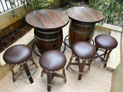 Whiskey & Wine Barrel Double Bar Set — Wood or Glass Top, 0–8 Stools