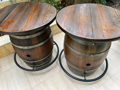 Whiskey & Wine Barrel Double Bar Set — Wood or Glass Top, 0–8 Stools