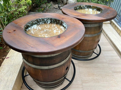Whiskey & Wine Barrel Double Bar Set — Wood or Glass Top, 0–8 Stools