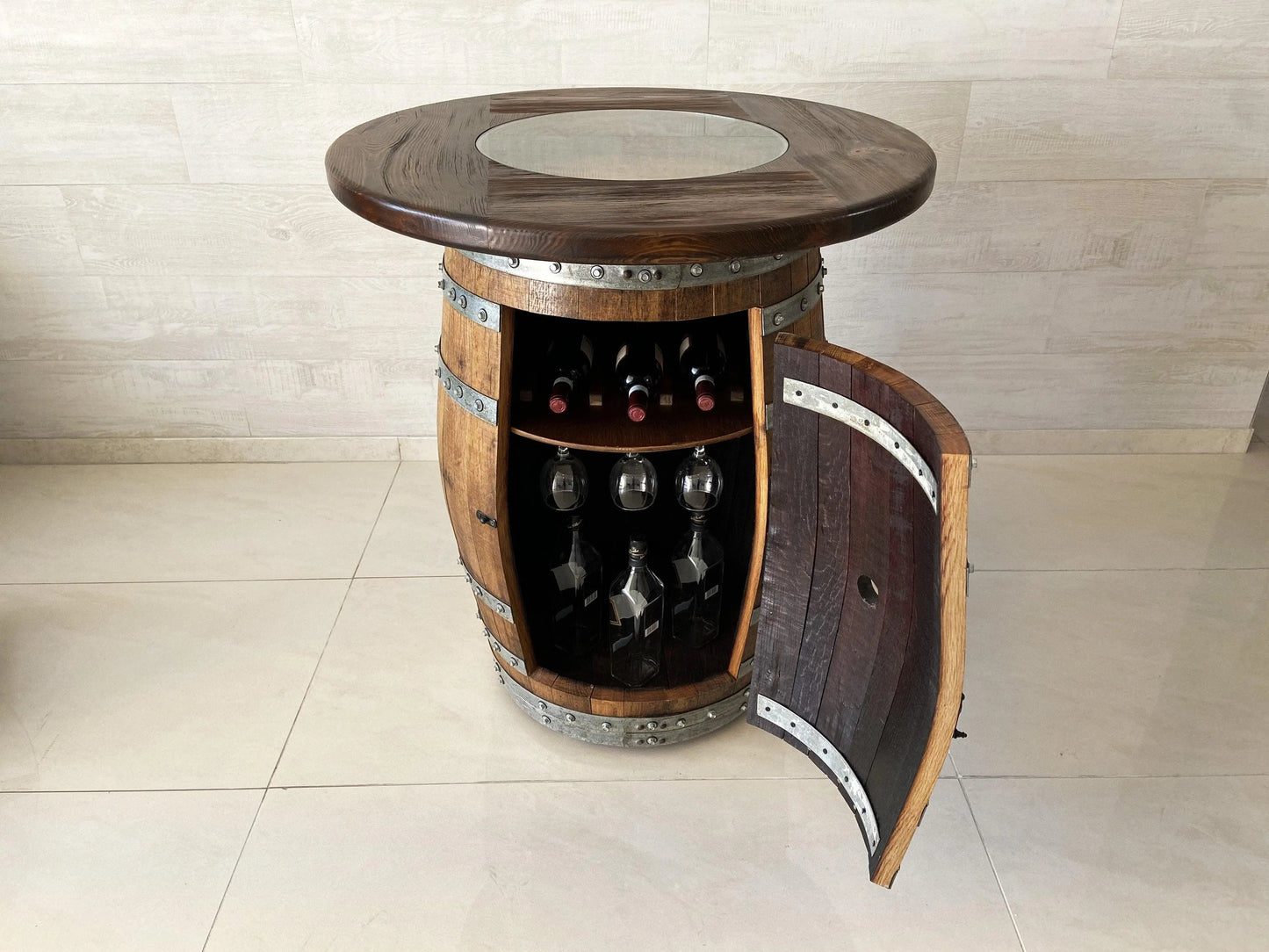 Whiskey & Wine Barrel Bar Set — Liquor Cabinet, Pub Table & Stools, Multi-Use Build