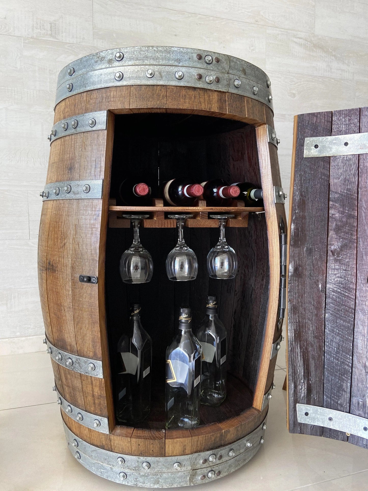 Whiskey & Wine Barrel Bar Set — Liquor Cabinet, Pub Table & Stools, Multi-Use Build