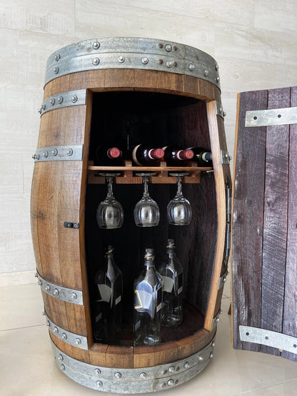 Whiskey & Wine Barrel Bar Set — Liquor Cabinet, Pub Table & Stools, Multi-Use Build
