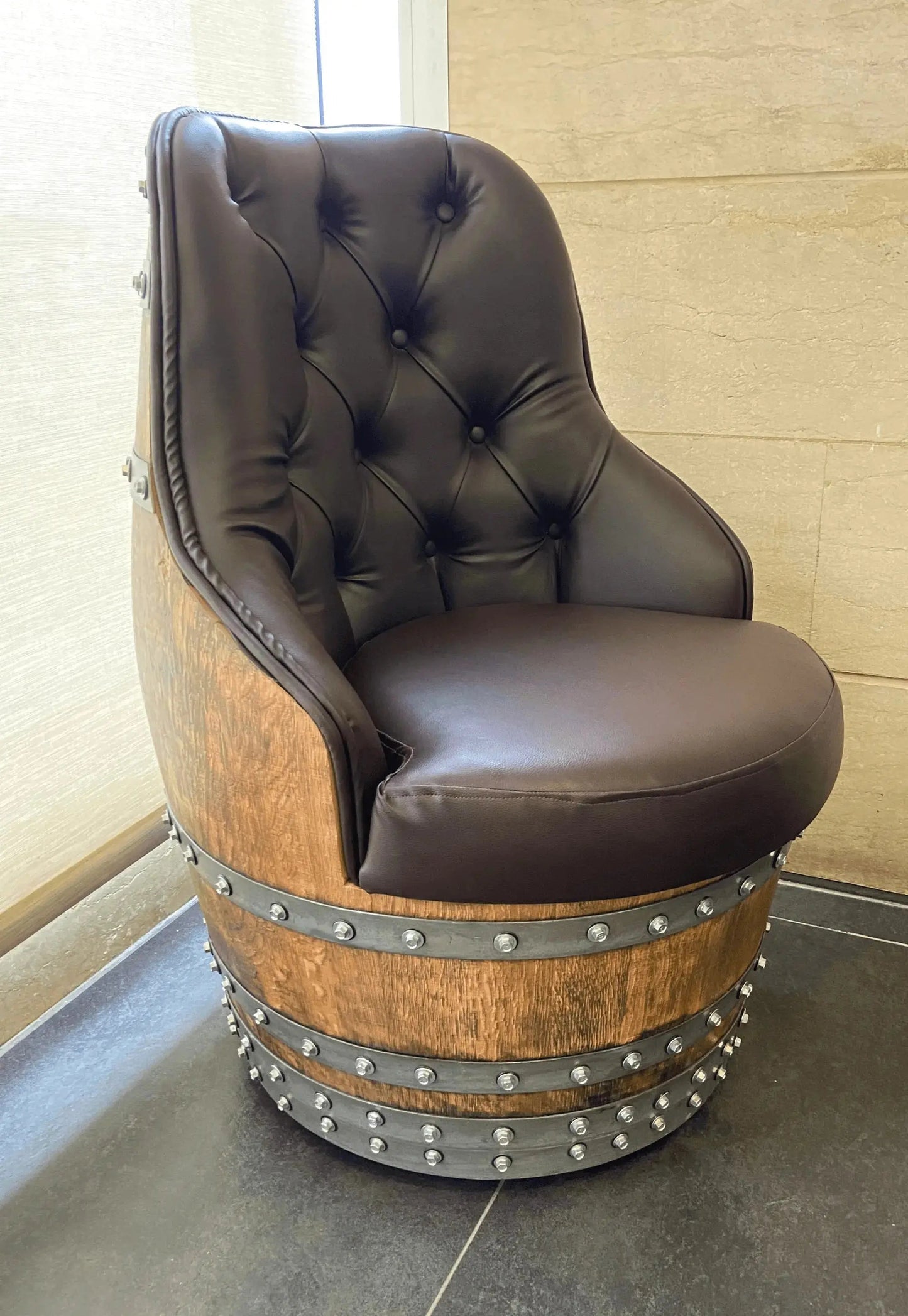 Luxury Whiskey & Wine Barrel Captain Chair — Memory Foam, Brown Upholstery (October Pre-Order)