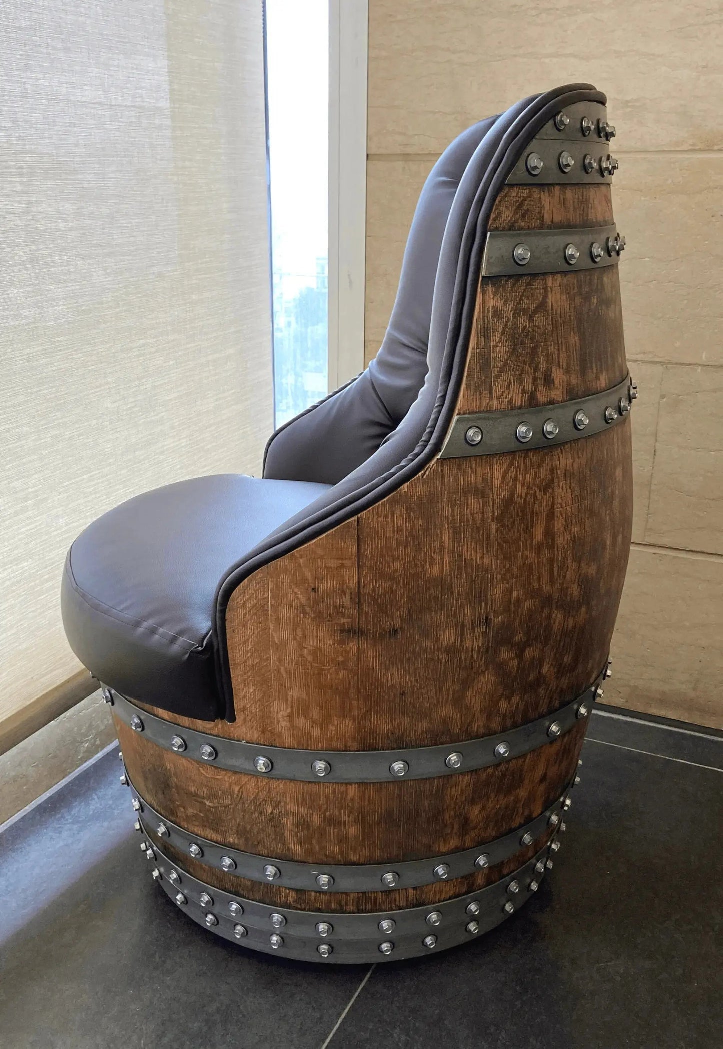 Luxury Whiskey & Wine Barrel Captain Chair — Memory Foam, Brown Upholstery (October Pre-Order)
