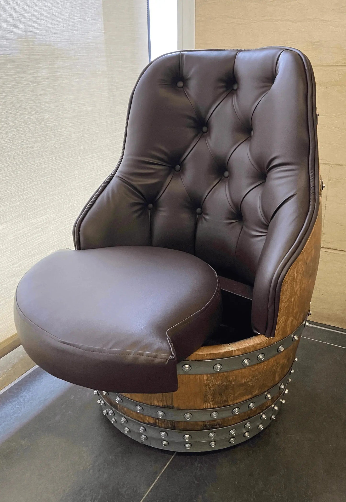 Luxury Whiskey & Wine Barrel Captain Chair — Memory Foam, Brown Upholstery (October Pre-Order)