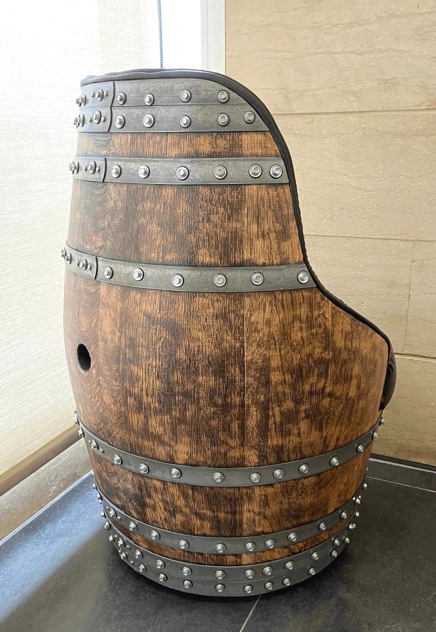 Luxury Whiskey & Wine Barrel Captain Chair — Memory Foam, Brown Upholstery (October Pre-Order)