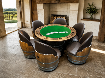 Whiskey & Wine Barrel Game Table Set — Poker Top and Dining Top Included, 6 Chairs (October Pre-Order)